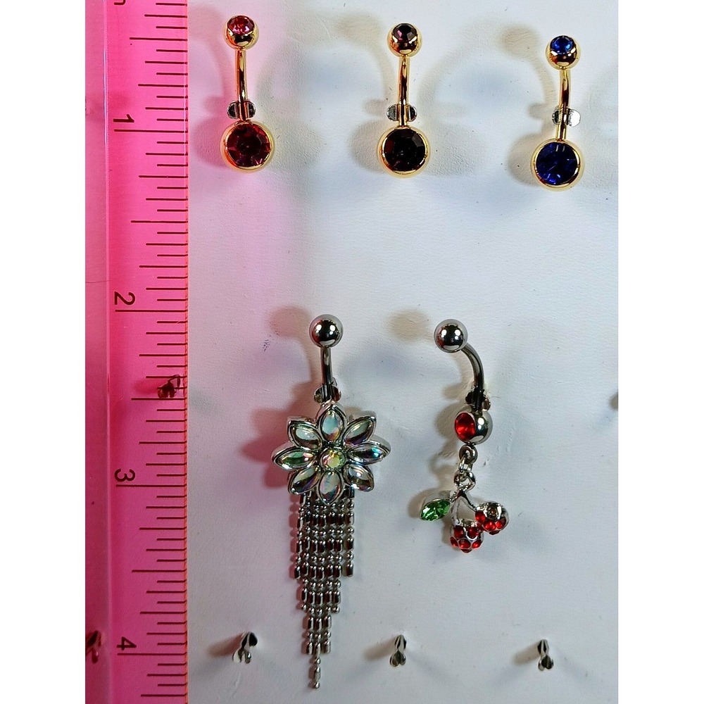 Set of 5 Navel Belly Button Rings Gold Silver Tone Floral Cherry Tassel Crystal - Picture 2 of 13